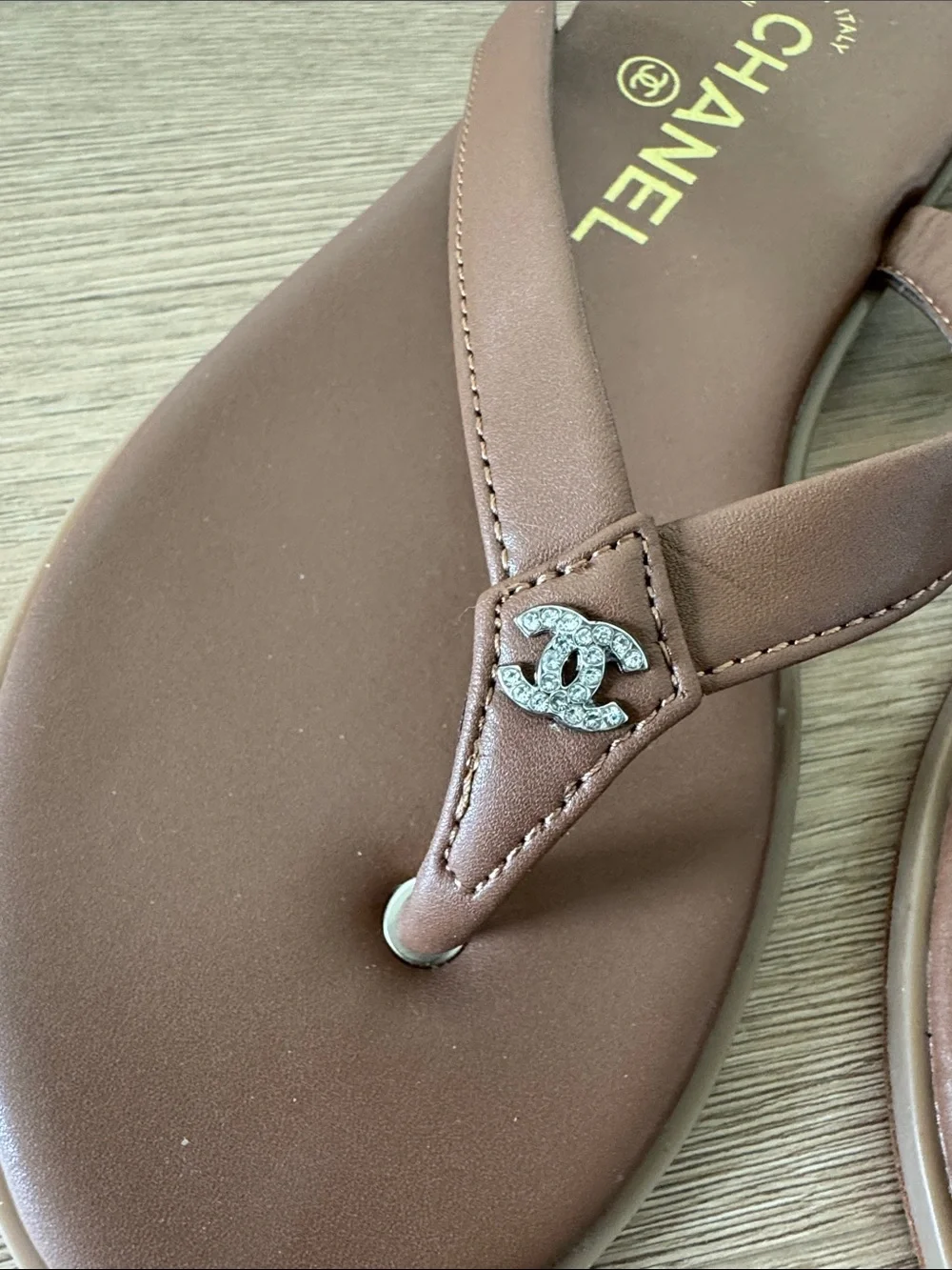 CHANEL Brown Leather Logo Thong Sandals